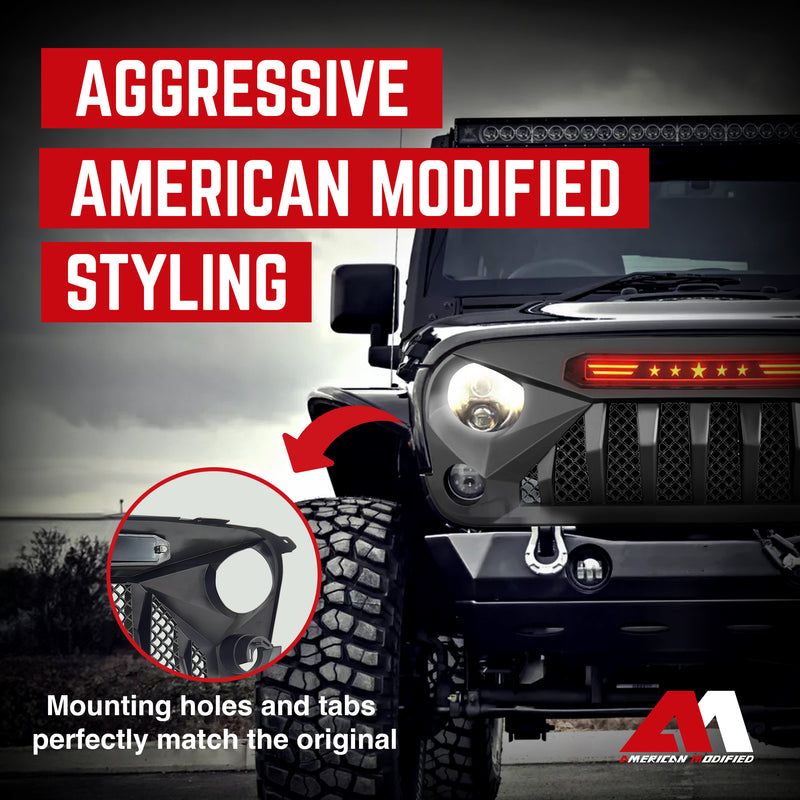 AMERICAN MODIFIED Gladiator Front Grille w/Red Lights for 07-18 Jeep Wrangler JK