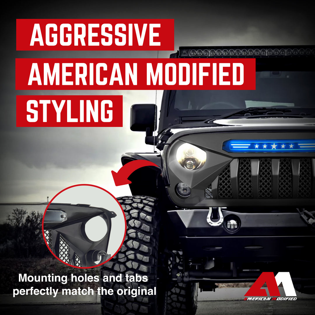 AMERICAN MODIFIED Gladiator Grille with Blue Lights for 07-18 Jeep Wrangler JK