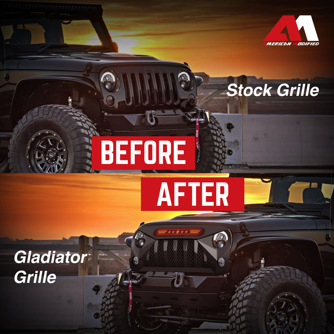 AMERICAN MODIFIED Gladiator Front Grille w/Red Lights for 07-18 Jeep Wrangler JK