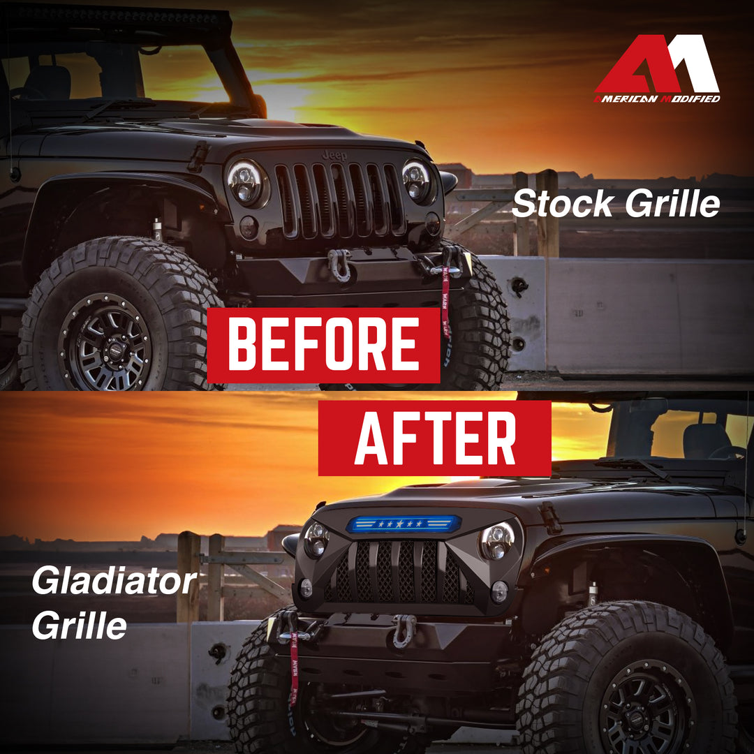 AMERICAN MODIFIED Gladiator Grille with Blue Lights for 07-18 Jeep Wrangler JK