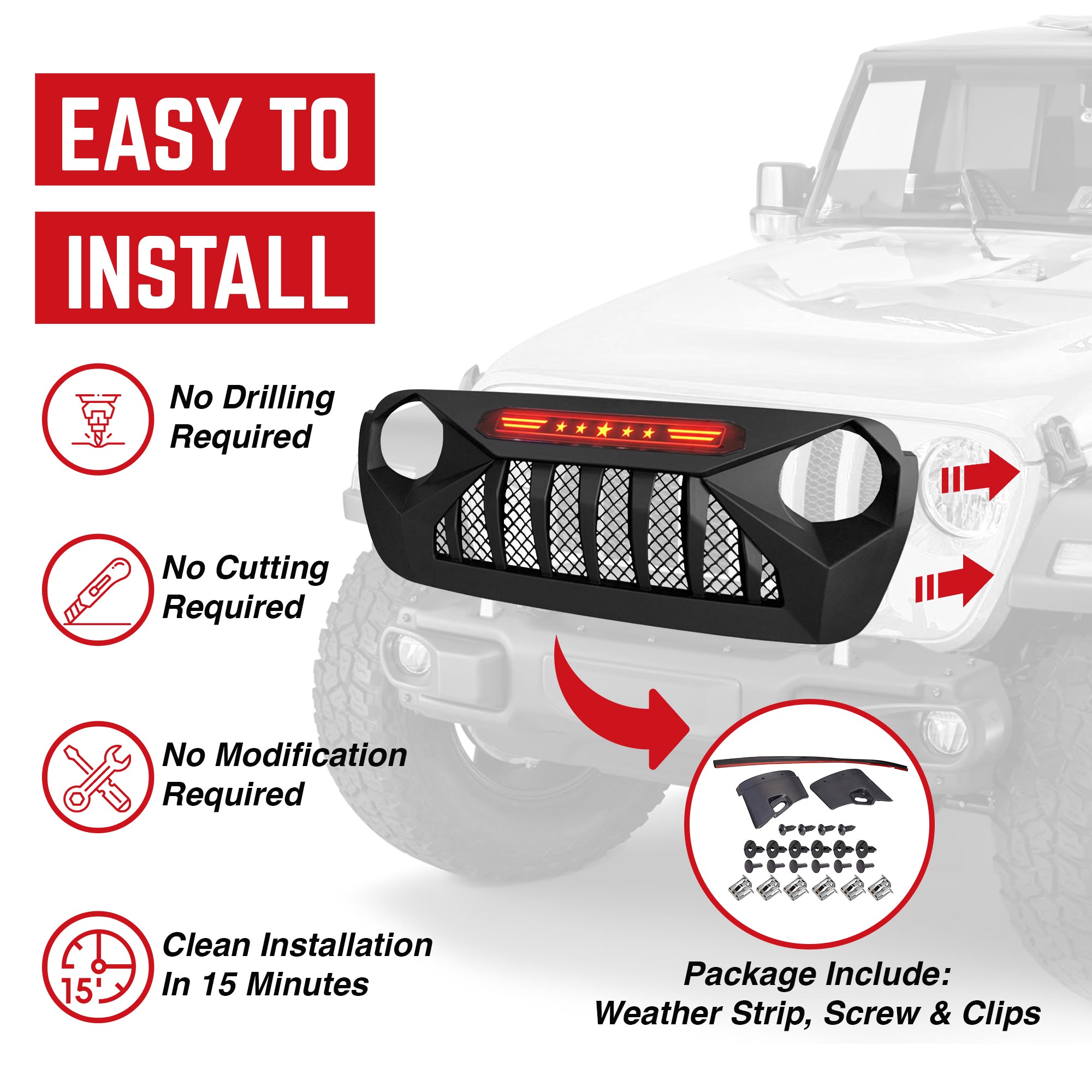 AMERICAN MODIFIED Grille w/Red Lights for 18-21 Jeep Wrangler/Gladiator (Used) - VMInnovations