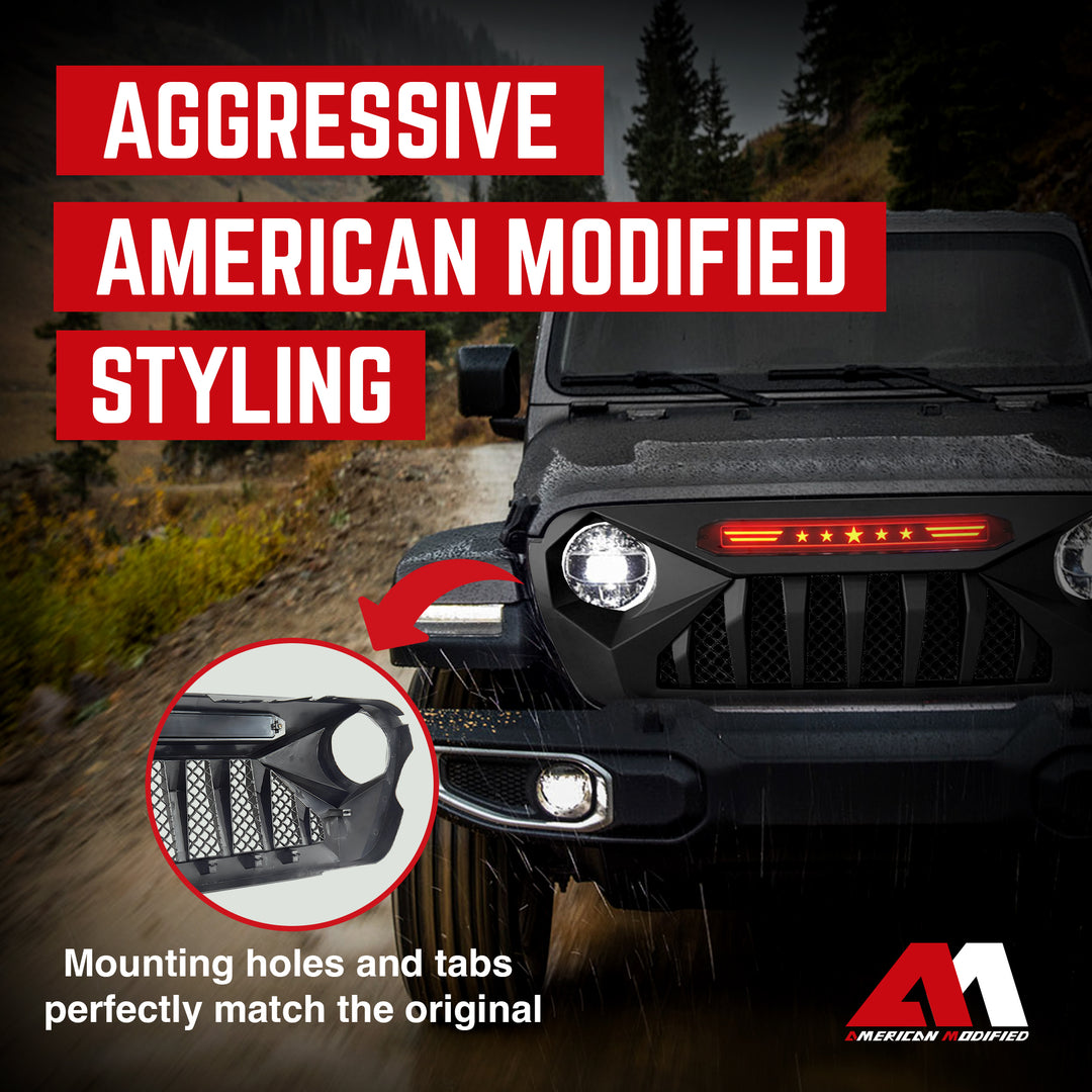 AMERICAN MODIFIED Demon Grille with Red Lights for 18-21 Jeep Wrangler/Gladiator