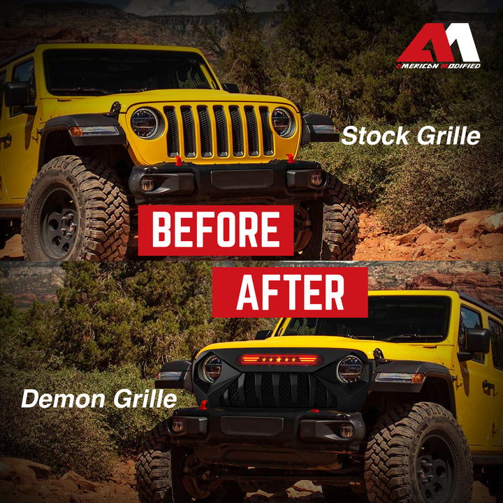 AMERICAN MODIFIED Demon Grille with Red Lights for 18-21 Jeep Wrangler/Gladiator