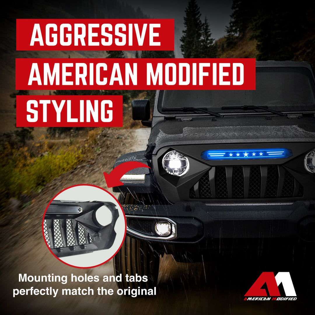 AMERICAN MODIFIED Demon Grille w/ Blue Lights for 18-21 Jeep Wrangler/Gladiator