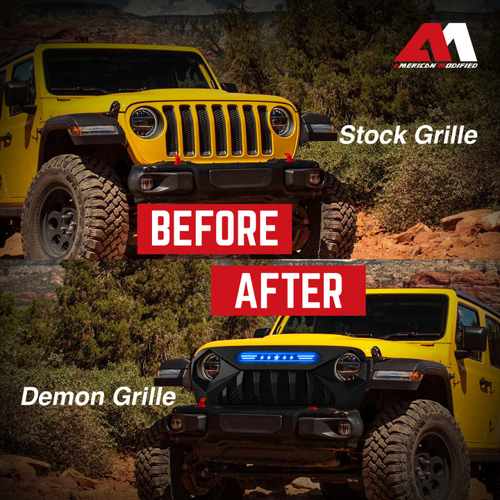 AMERICAN MODIFIED Demon Grille w/ Blue Lights for 18-21 Jeep Wrangler/Gladiator