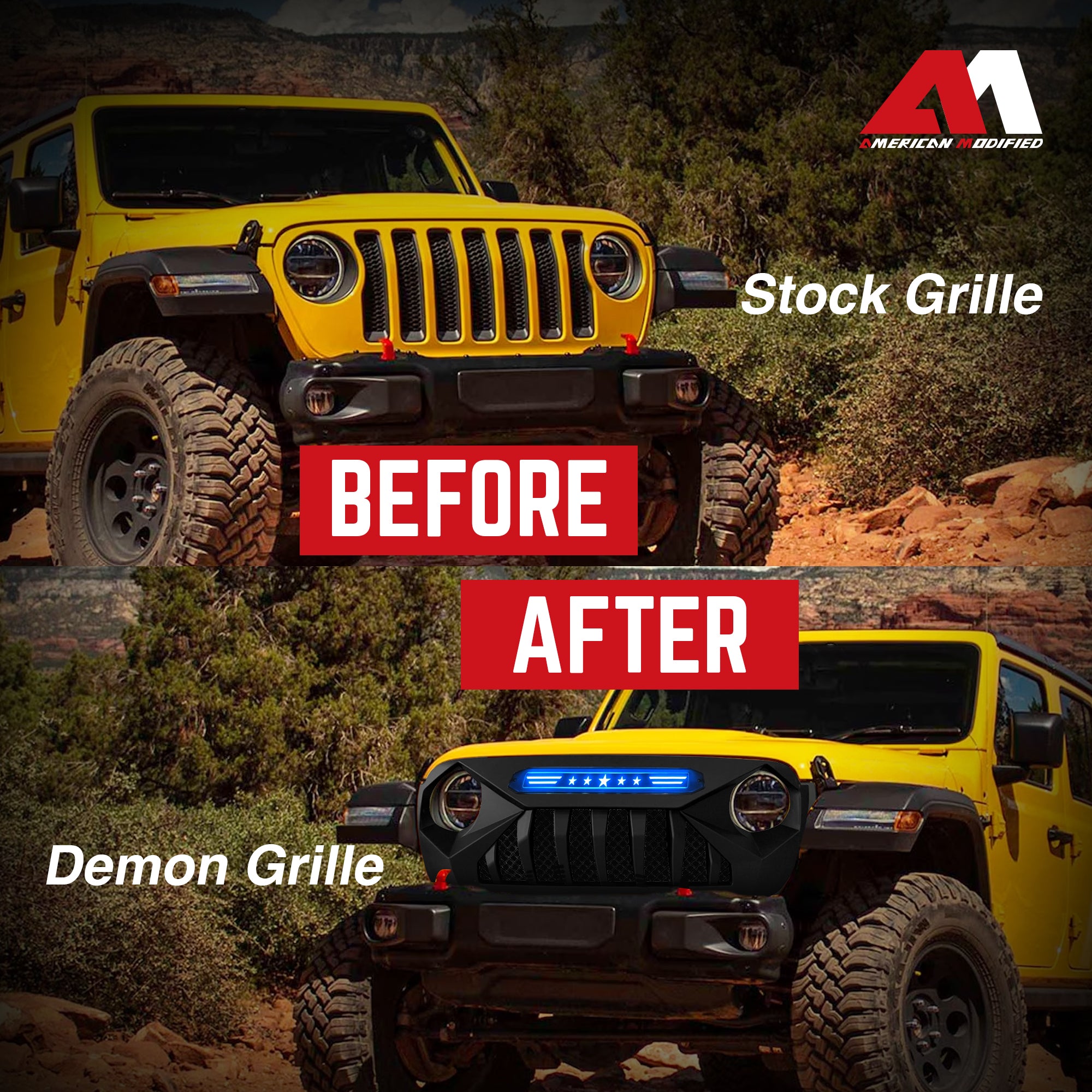 AMERICAN MODIFIED Grille w/Blue Lights for 18-21 Jeep Wrangler/Gladiator (Used) - VMInnovations