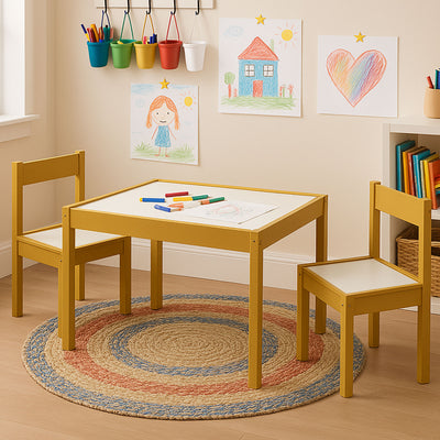 PJ Wood 3 Piece Table & Chairs Set with Natural Finish & Dry Erase Surface(Used)