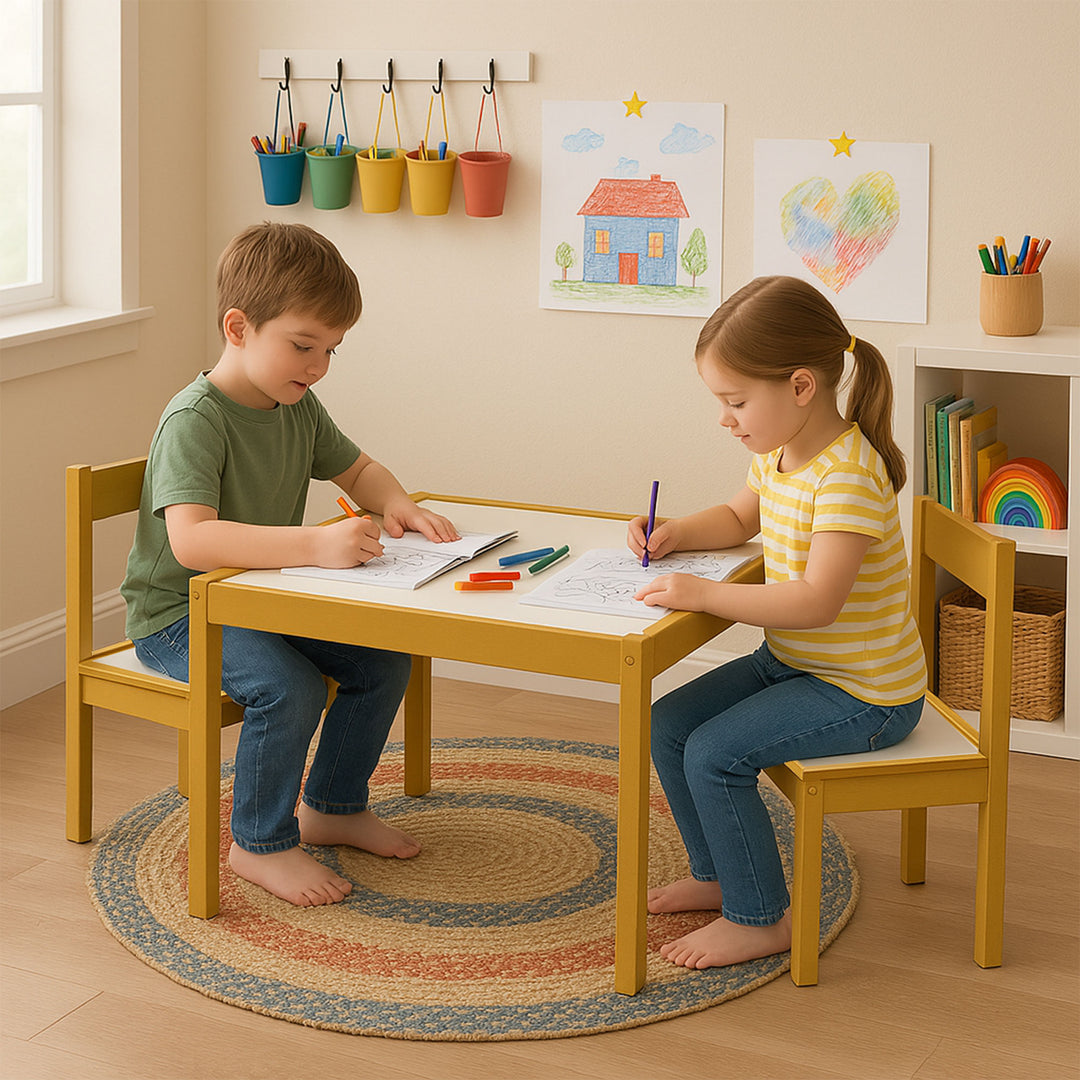 PJ Wood 3 Piece Table & Chair Set, Natural Finish & Dry Erase Surface (Open Box)