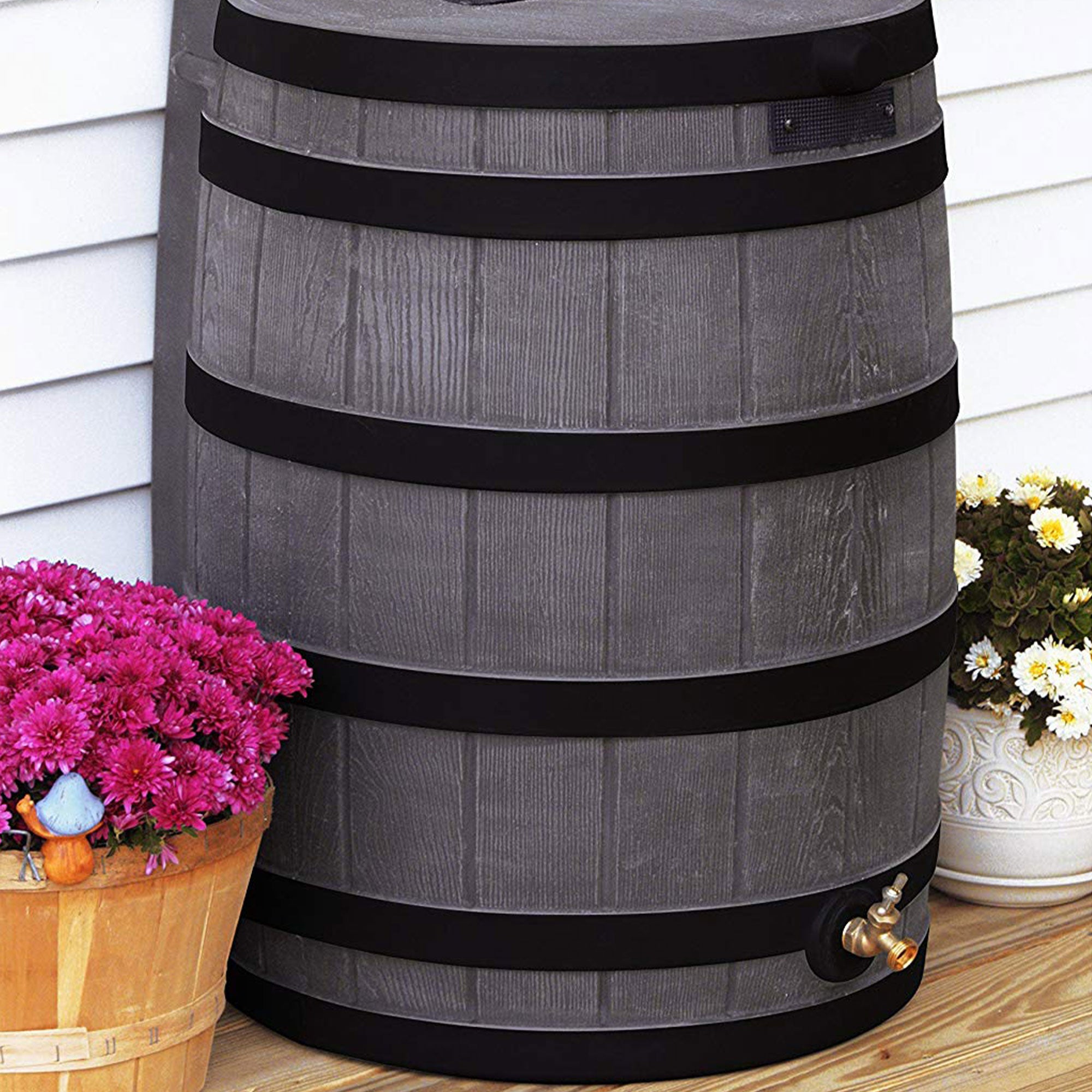 Good Ideas Rain Wizard Wood Rain Water Barrel with Darkened Ribs, Oak, (4 Pack) - VMInnovations