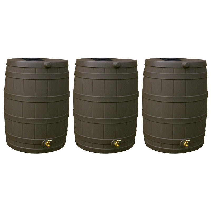 Good Ideas Rain Wizard 40 Gallon Capacity Plastic Rain Barrel Drum, Oak (3 Pack)
