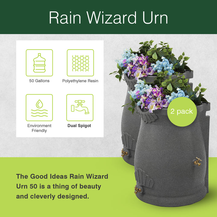 Good Ideas Rain Wizard 50 Gallon Plastic Rain Barrel Urn, Light Granite (2 Pack)