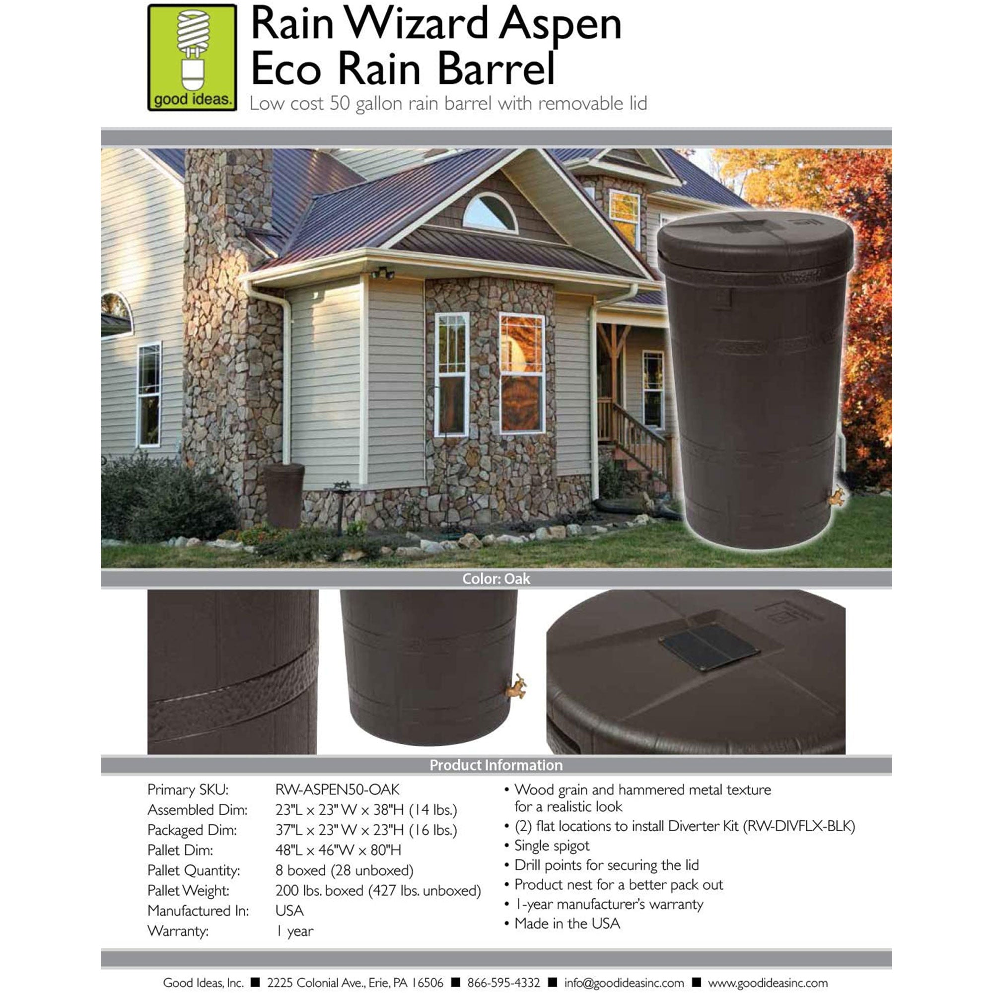 Good Ideas Aspen 50 Gal Rain Barrel Rain Collector Saver w/Brass Spigot (2 Pack) - VMInnovations