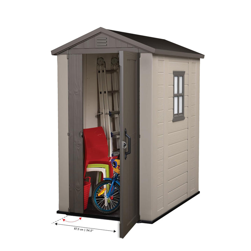 Keter Factor 4 x 6 Foot Outdoor Garden Tool Storage Shed with Window, Brown