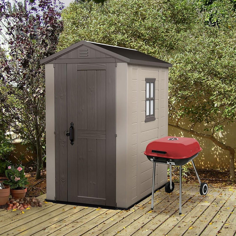 Keter Factor 4 x 6 Foot Outdoor Garden Tool Storage Shed with Window, Brown