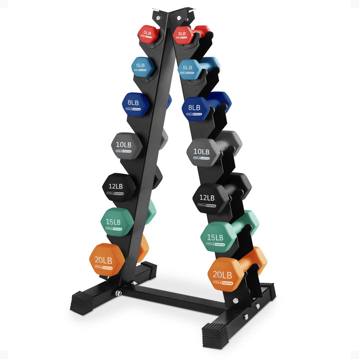 HolaHatha 146 Pound Neoprene Dumbbell Full Body Weight Set with Storage Rack