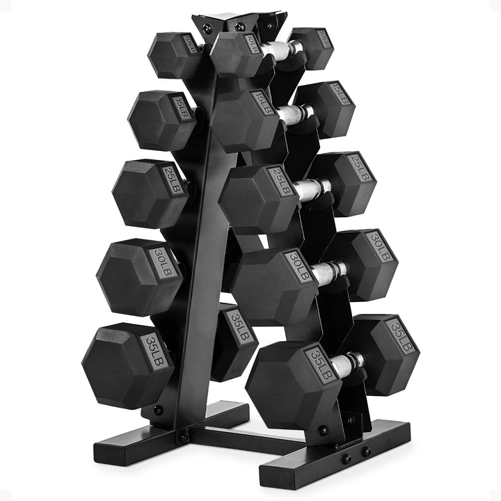 HolaHatha 10, 15, 25, 30 & 35 Lb Hexagonal Dumbbell Weight Set w/ Rack, Black
