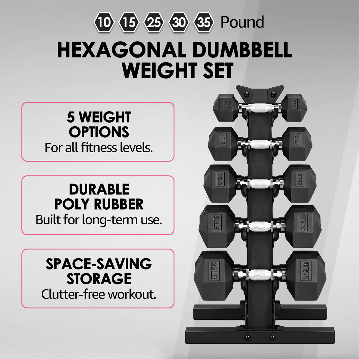 HolaHatha 10, 15, 25, 30 & 35 Lb Hexagonal Dumbbell Weight Set w/ Rack, Black