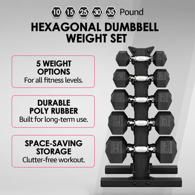 HolaHatha 10, 15, 25, 30 & 35 Lb Hexagonal Dumbbell Weight Set w/ Rack, Black