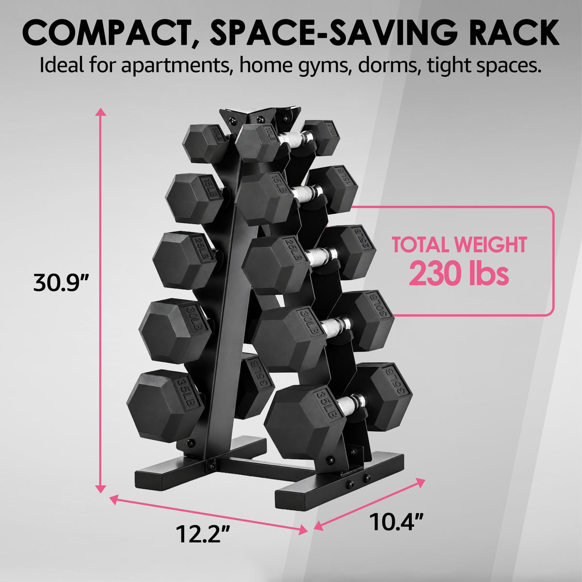 HolaHatha 10, 15, 25, 30 & 35 Lb Hexagonal Dumbbell Weight Set w/ Rack, Black