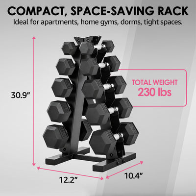 HolaHatha 10, 15, 25, 30 & 35 Lb Hexagonal Dumbbell Weight Set w/ Rack, Black
