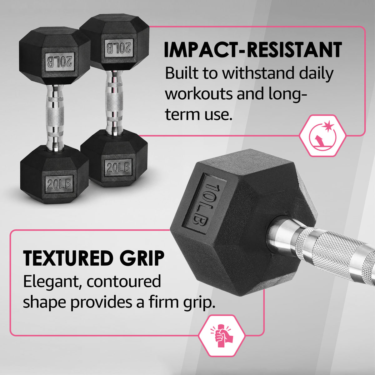 HolaHatha 10, 15, 25, 30 & 35 Lb Hexagonal Dumbbell Weight Set w/ Rack, Black