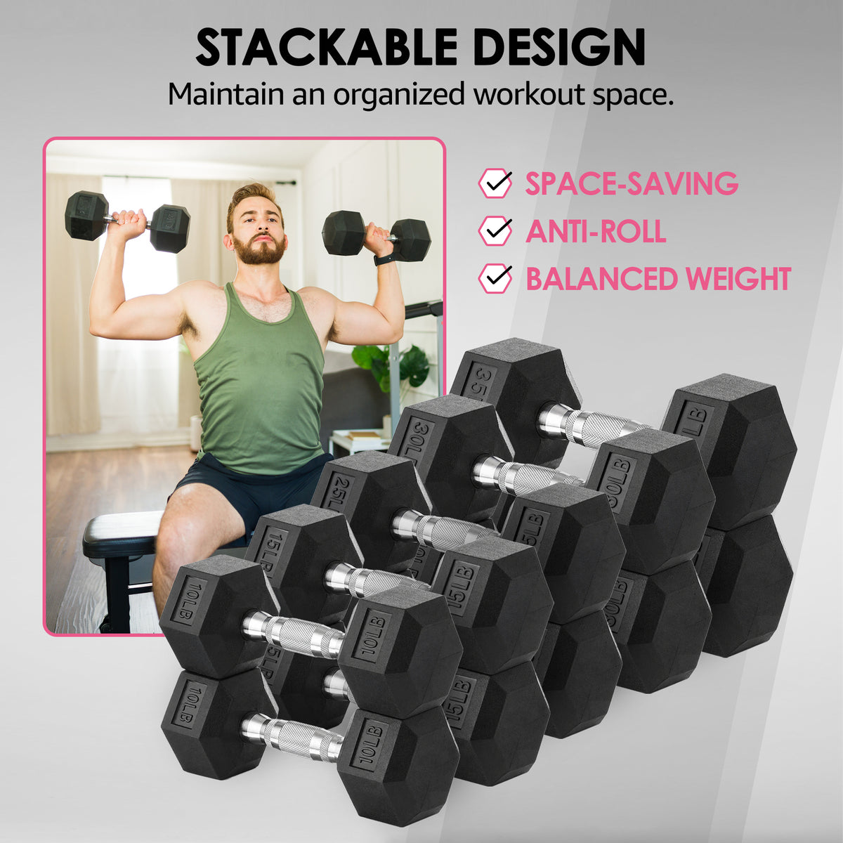 HolaHatha 10, 15, 25, 30 & 35 Lb Hexagonal Dumbbell Weight Set w/ Rack, Black