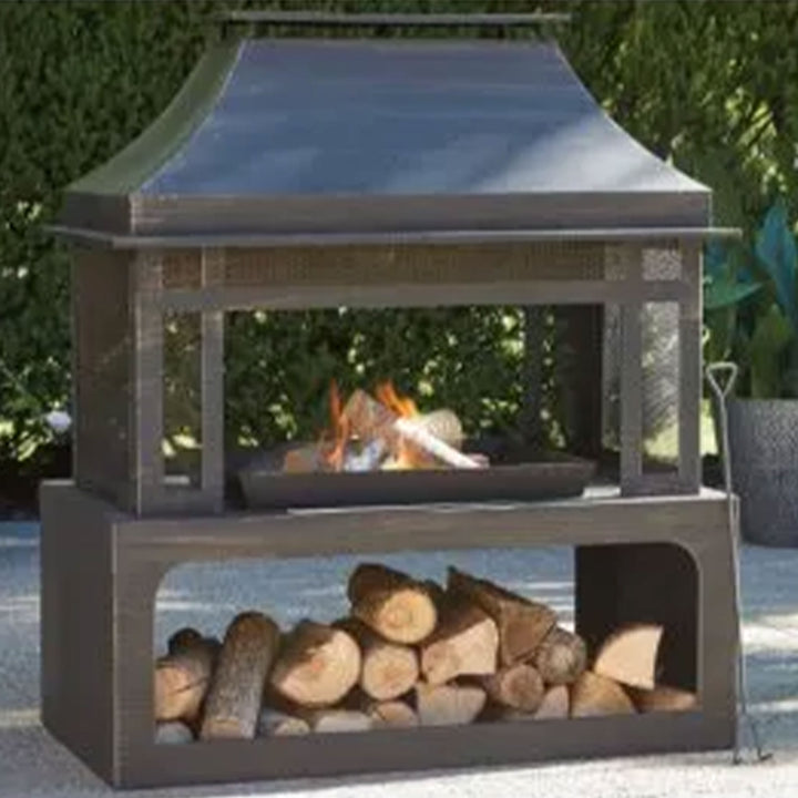 Four Seasons Courtyard Wood Burning Fireplace w/ Log Rack & Tool, Blk/Gld (Used) - VMInnovations