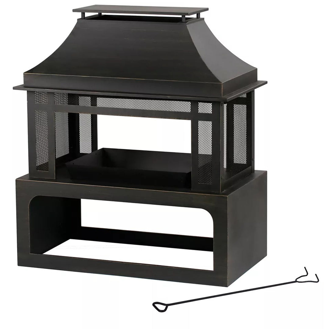 Four Seasons Courtyard Wood Burning Fireplace with Log Rack and Tool, Black/Gold - VMInnovations