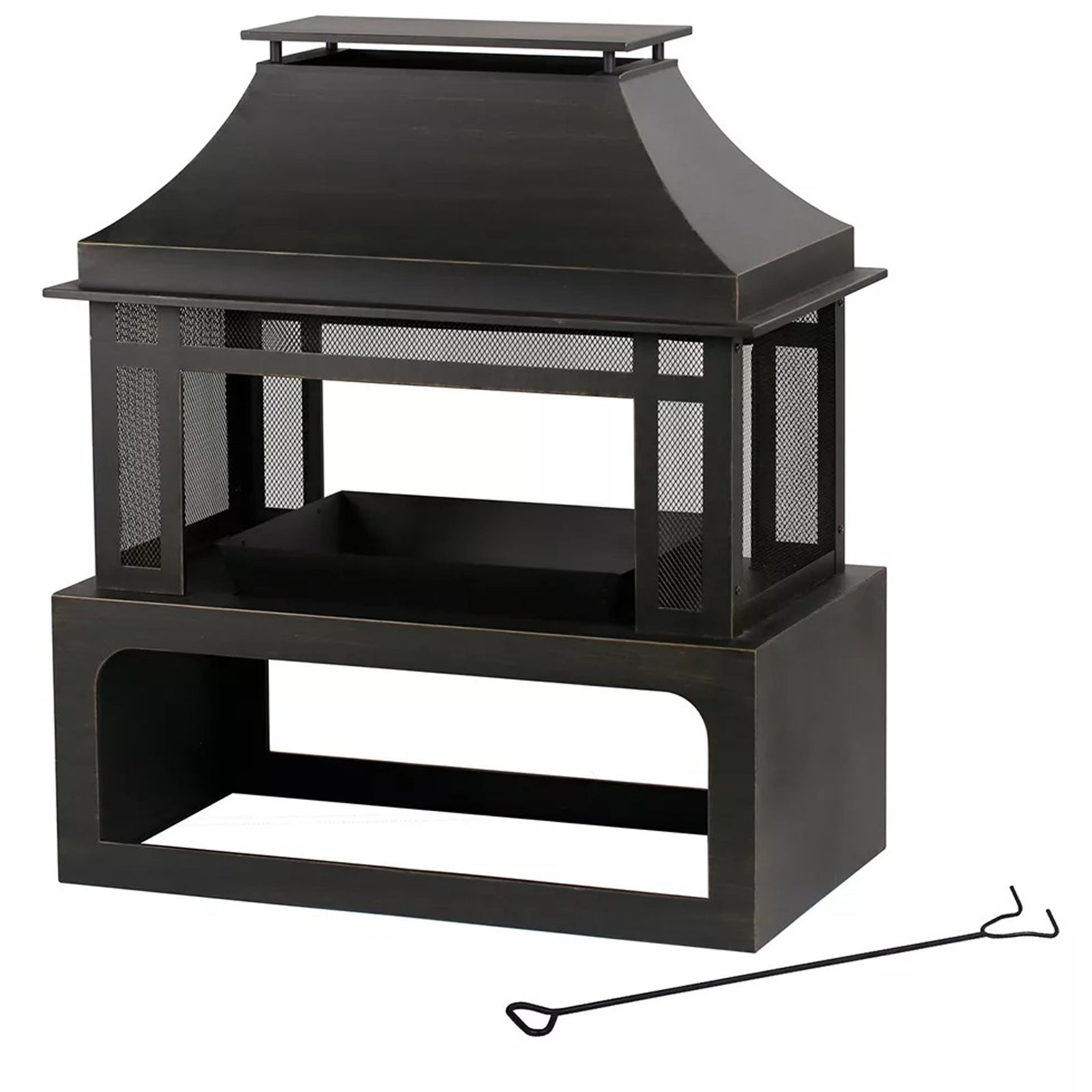 Four Seasons Courtyard Wood Burning Fireplace with Log Rack and Tool, Black/Gold - VMInnovations