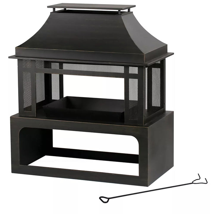 Four Seasons Courtyard Wood Burning Fireplace w/ Log Rack & Tool, Blk/Gld (Used) - VMInnovations