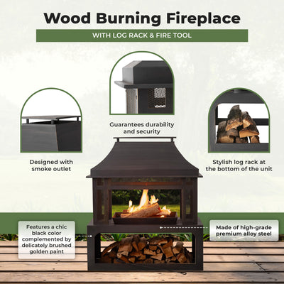 Four Seasons Courtyard Wood Burning Fireplace with Log Rack and Tool, Black/Gold