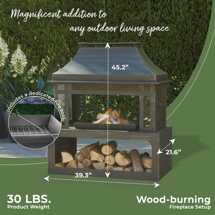 Four Seasons Courtyard Wood Burning Fireplace w/ Log Rack & Tool, Blk/Gld (Used) - VMInnovations