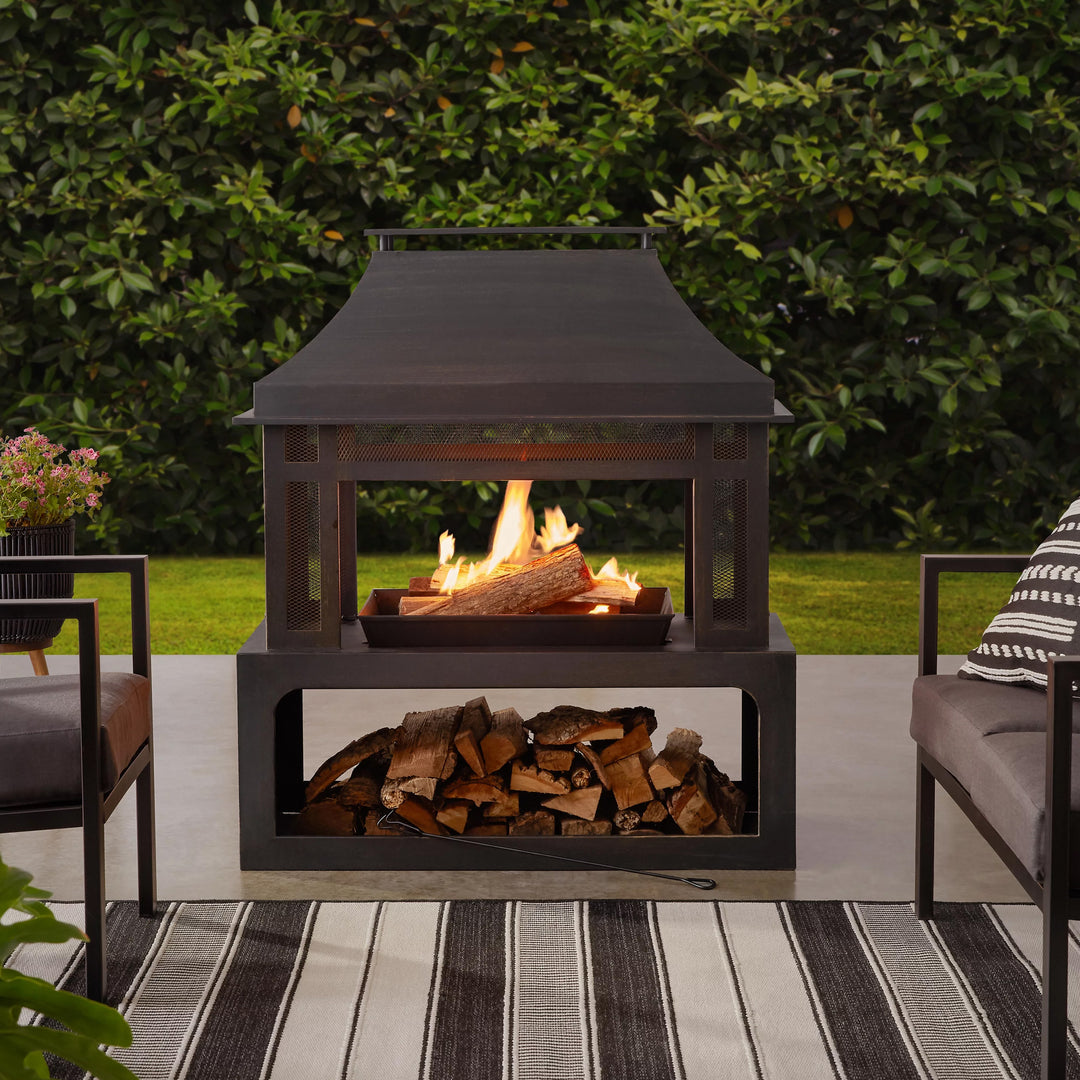 Four Seasons Courtyard Wood Burning Fireplace w/ Log Rack & Tool, Blk/Gld (Used) - VMInnovations
