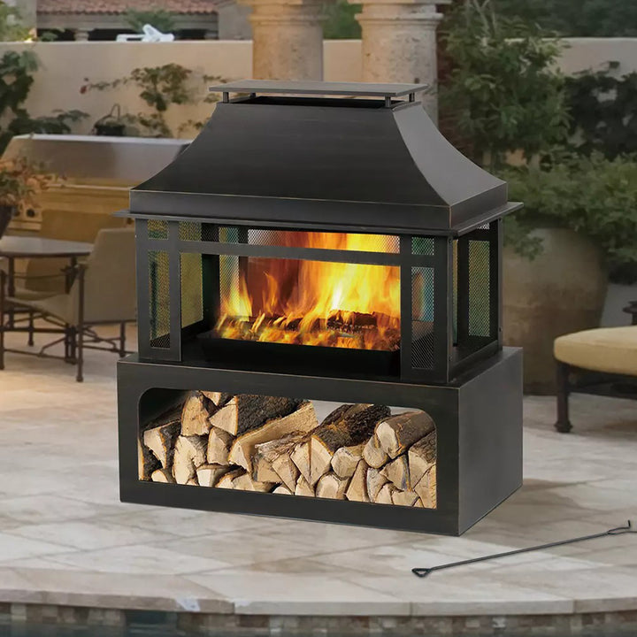 Four Seasons Courtyard Wood Burning Fireplace w/ Log Rack & Tool, Blk/Gld (Used) - VMInnovations