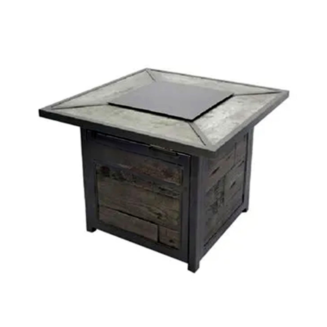 Patio Master Evanston Square Gas Fire Pit with Steel Cover & Faux Wood Tile Top