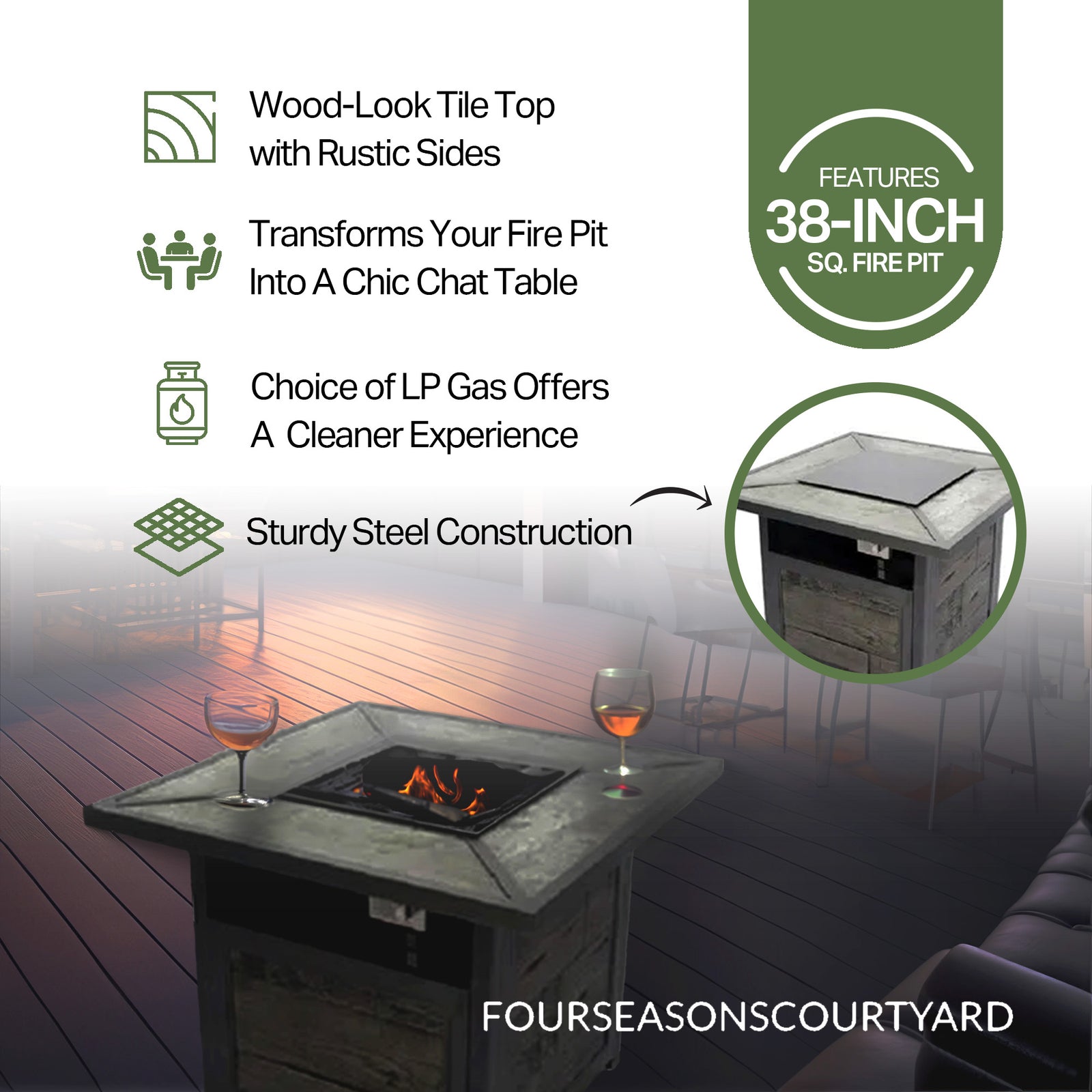 Patio Master Evanston Square Gas Fire Pit with Steel Cover & Faux Wood Tile Top - VMInnovations