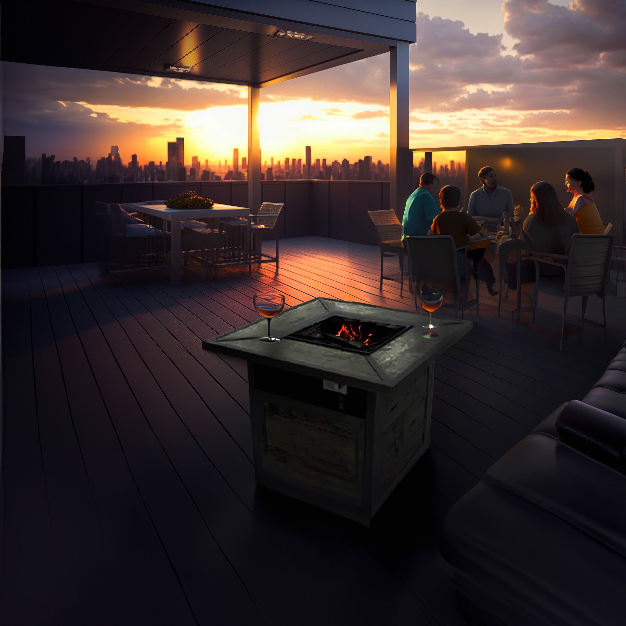 Patio Master Evanston Square Gas Fire Pit with Steel Cover & Faux Wood Tile Top - VMInnovations