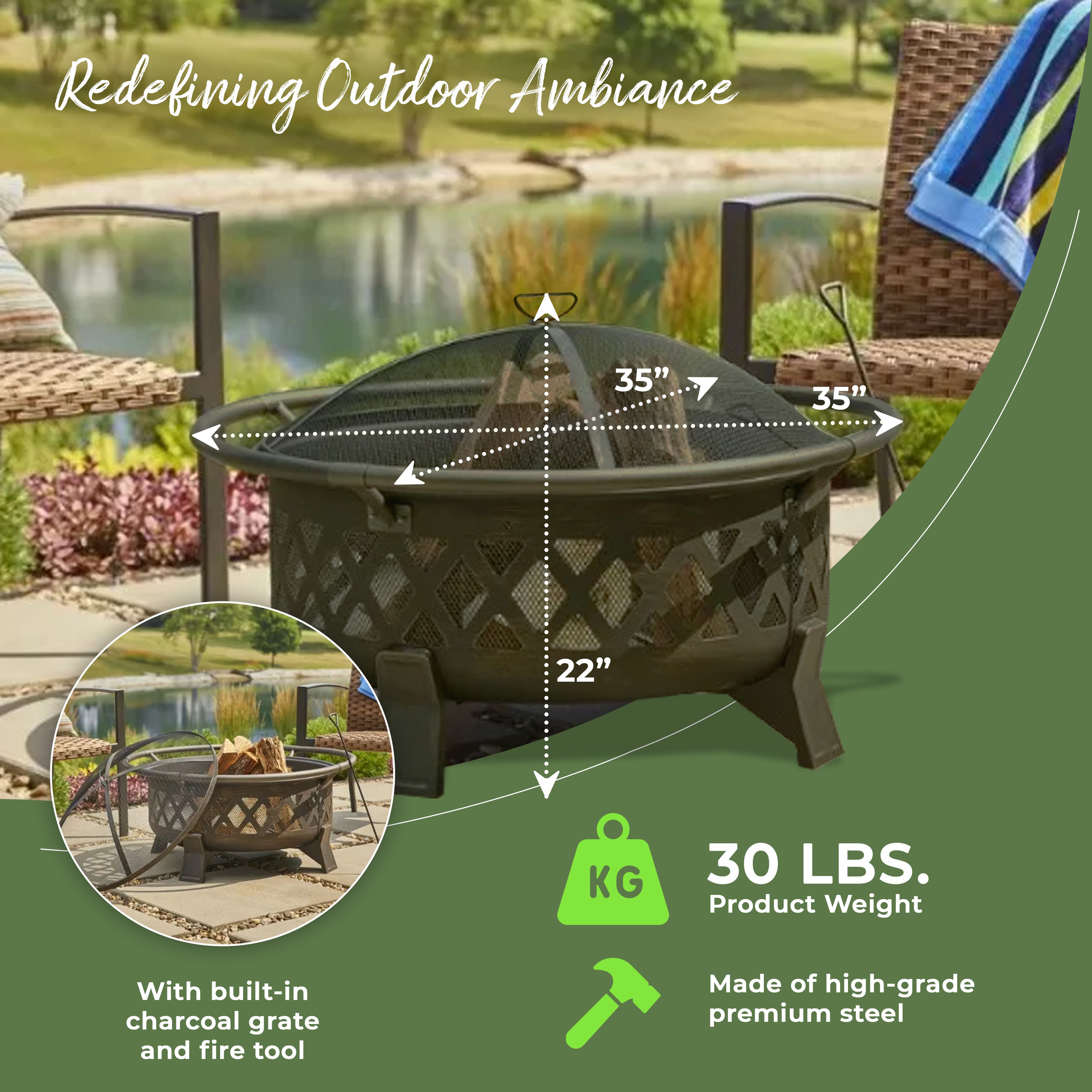 Four Seasons Courtyard 35" Round Fire Pit w/Steel Legs & Safety Ring (For Parts) - VMInnovations