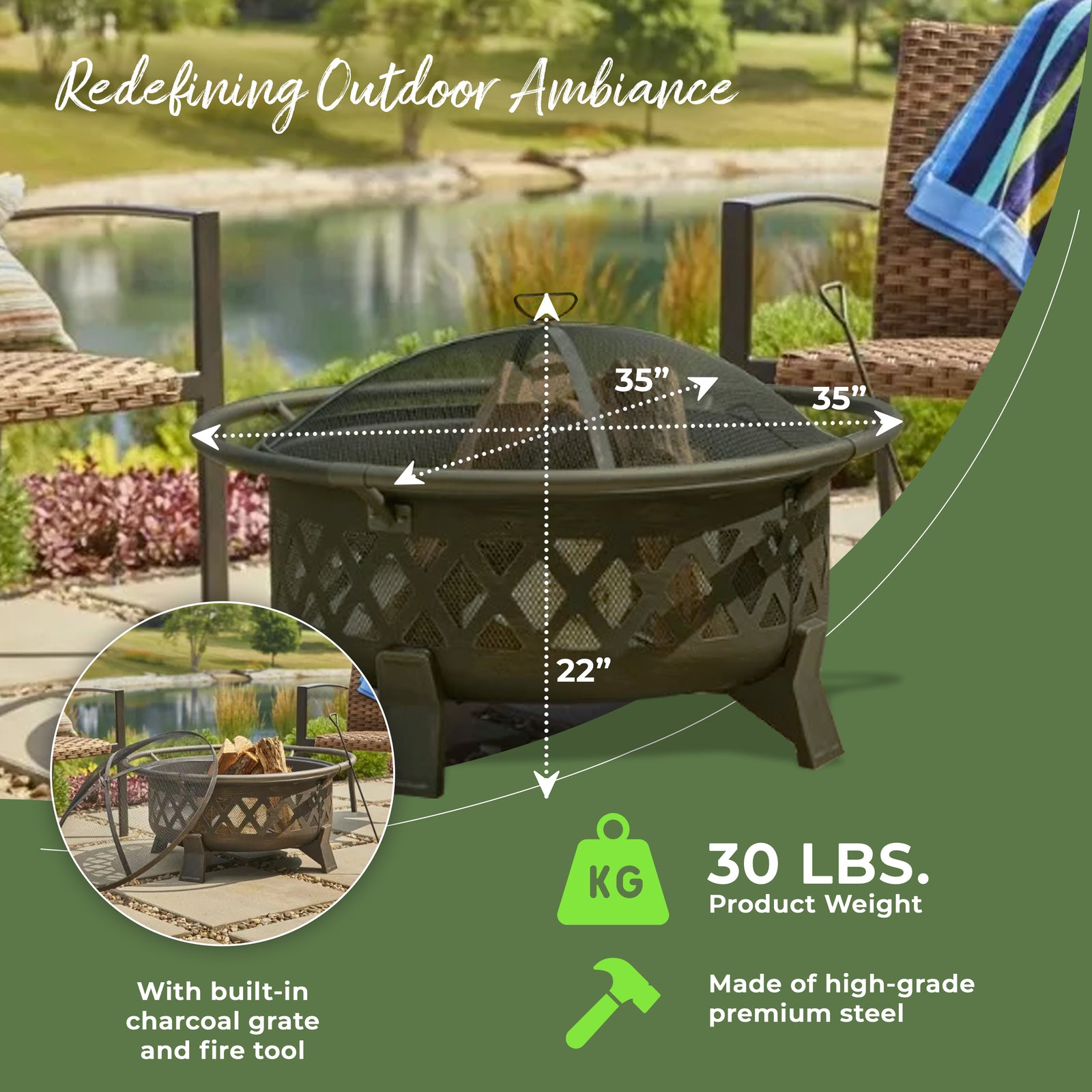 Four Seasons Courtyard 35" Lattice Fire Pit w/Steel Legs & Safety Ring(Open Box) - VMInnovations