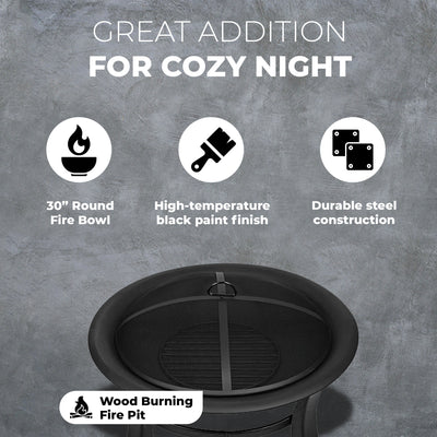Four Seasons Courtyard 30 Inch Round Outdoor Wood Burning Fire Pit with Screen - VMInnovations