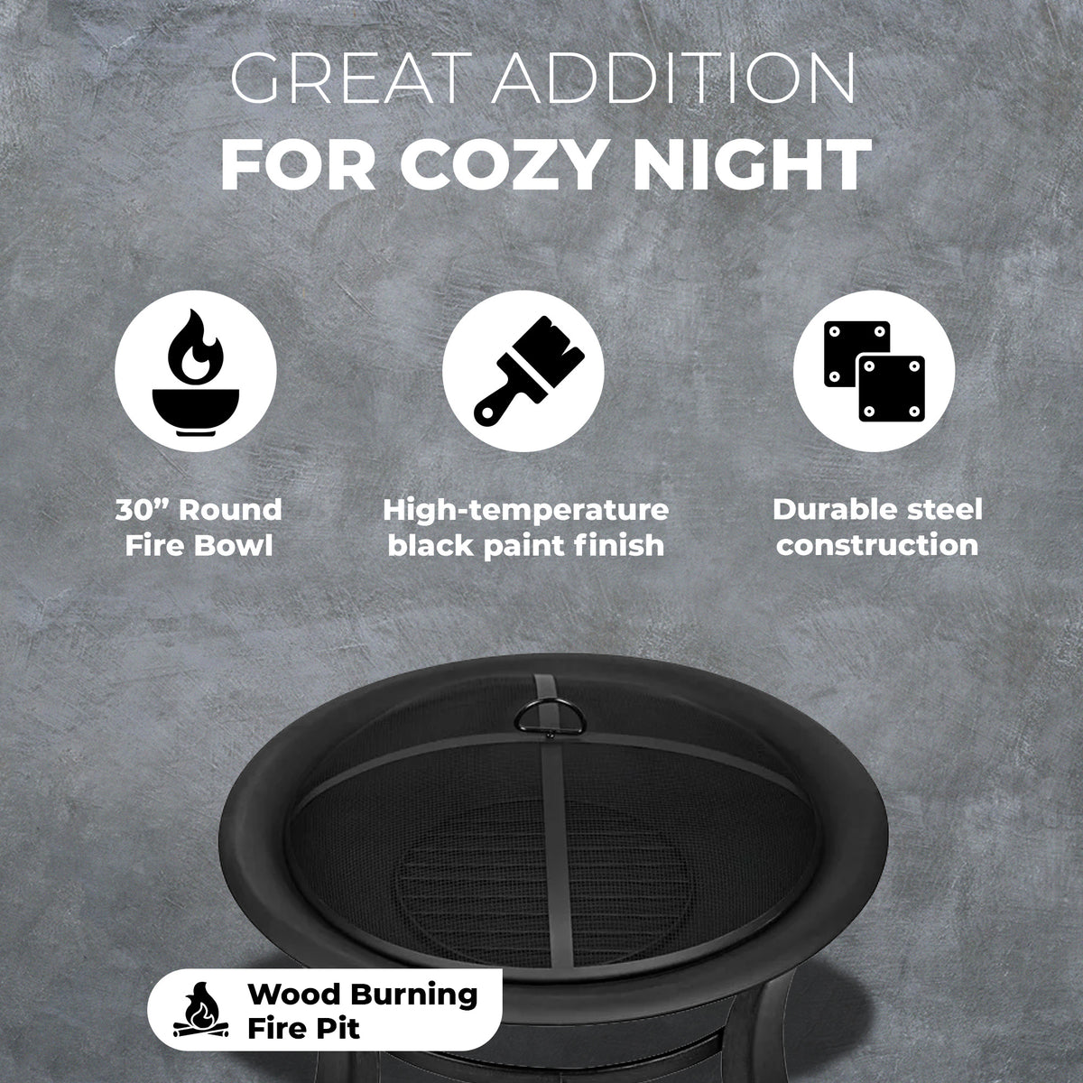 Four Seasons Courtyard 30 Inch Round Outdoor Wood Burning Fire Pit with Screen - VMInnovations