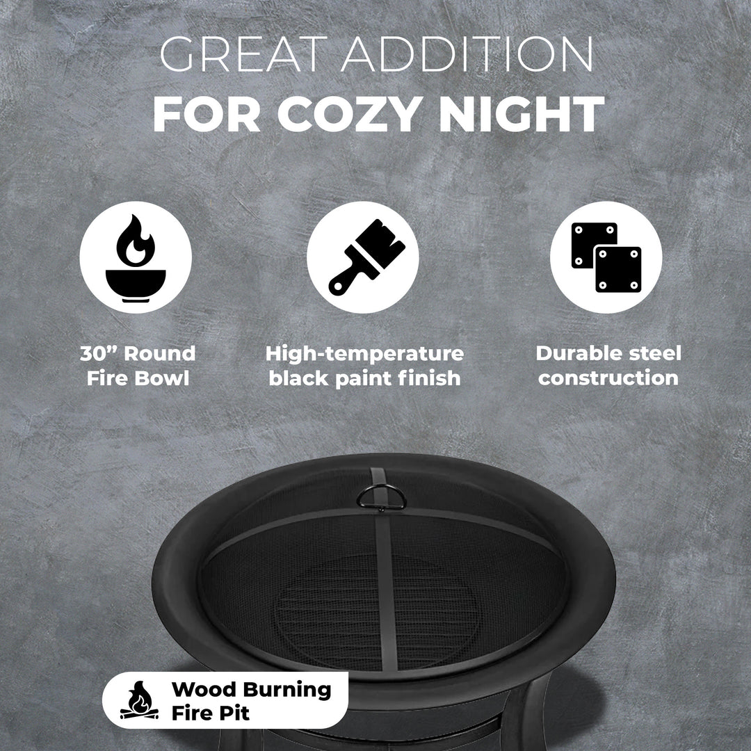 Four Seasons Courtyard 30 Inch Round Outdoor Wood Burning Fire Pit with Screen - VMInnovations
