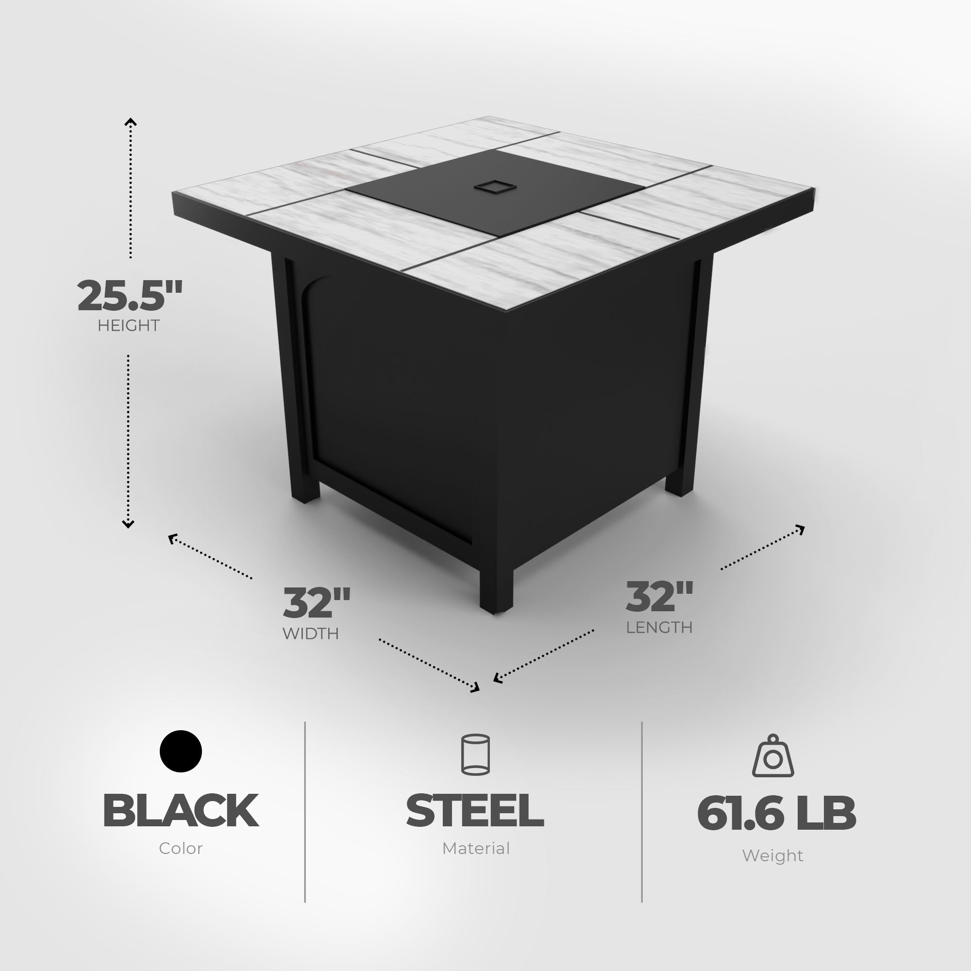 Four Seasons Courtyard 50,000 BTU 32 Inch Square Tile Tabletop Gas Fire Pit - VMInnovations