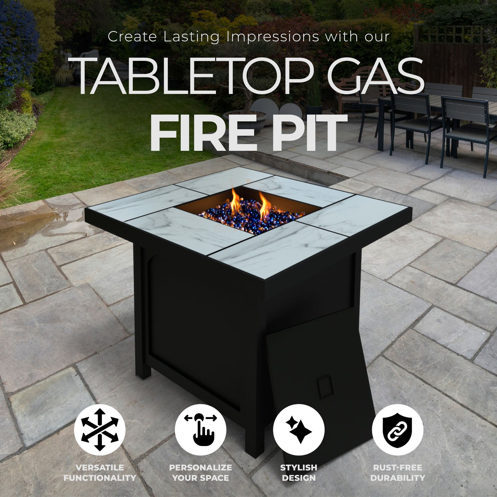 Four Seasons Courtyard 50,000 BTU 32 Inch Square Tile Tabletop Gas Fire Pit - VMInnovations