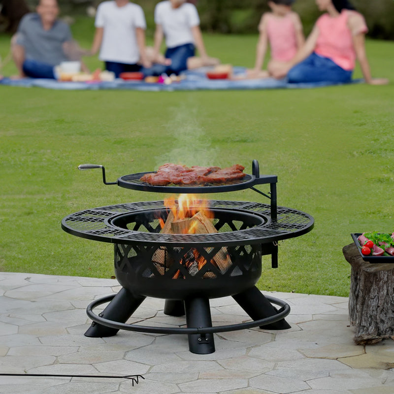 Four Seasons Courtyard 47 Inch Ranch Deep Bowl Fire Pit w/Grill & Safety Ring