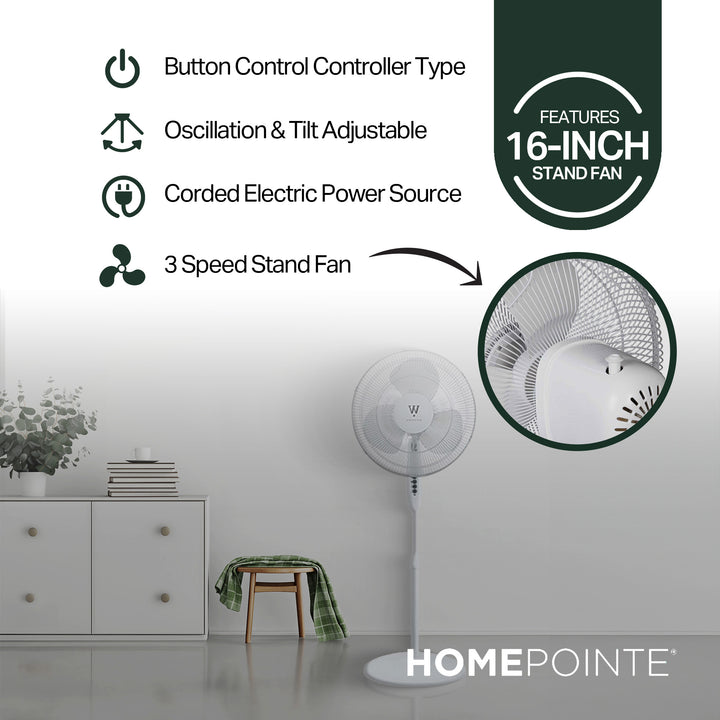 HomePointe Westpointe 16 Inch Stand Fan w/3 Speed Settings for Home and Office