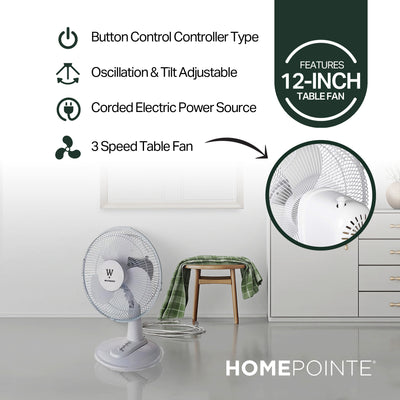 HomePointe Westpointe 12" Table Fan w/3 Speed Settings for Home and Office(Used)