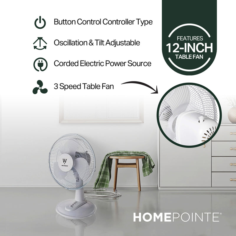 HomePointe Westpointe 12" Table Fan w/3 Speed Settings for Home and Office(Used)