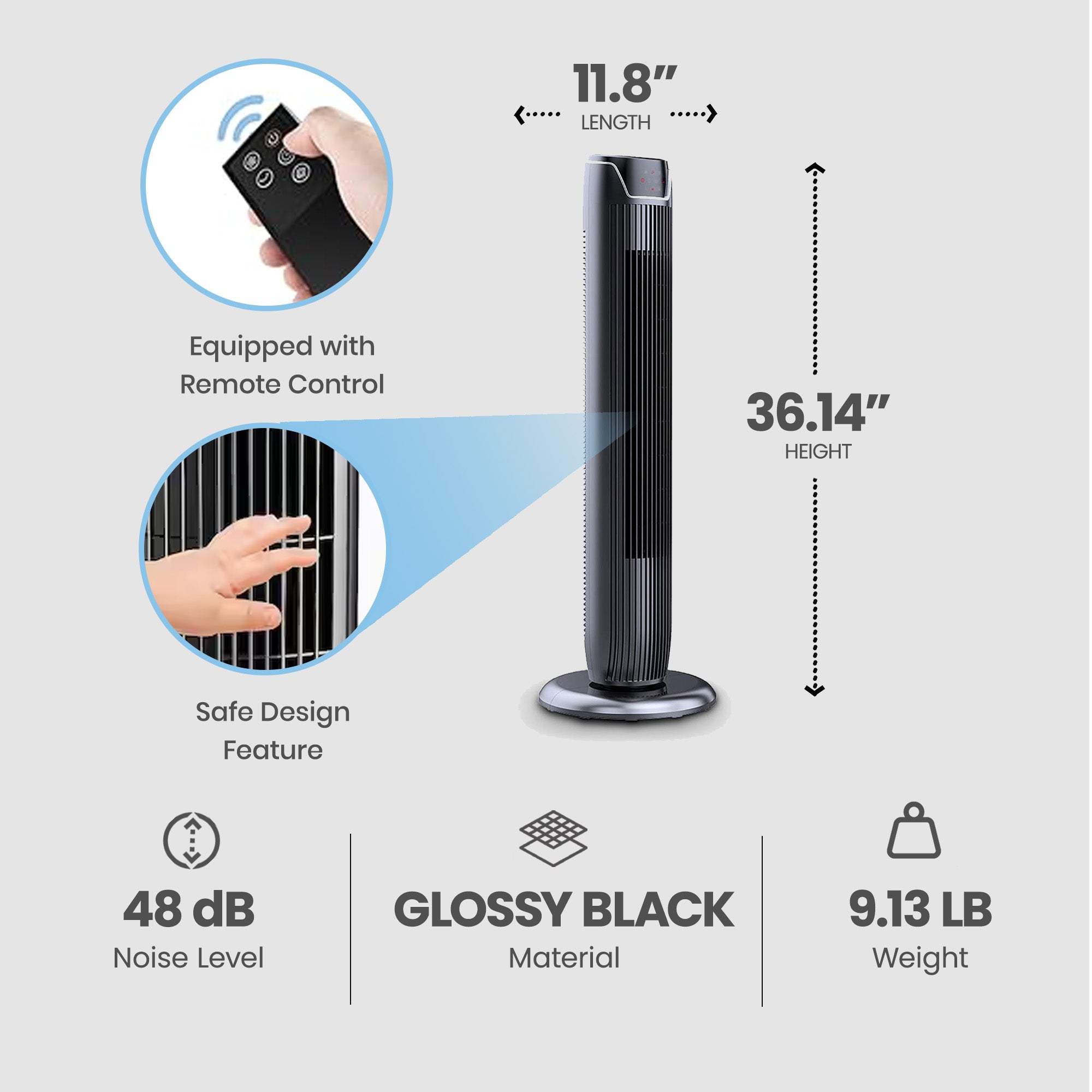 Pelonis Quiet Oscillating Modern Tower Fan w/Low Noise Level, Glossy Black(Used) - VMInnovations