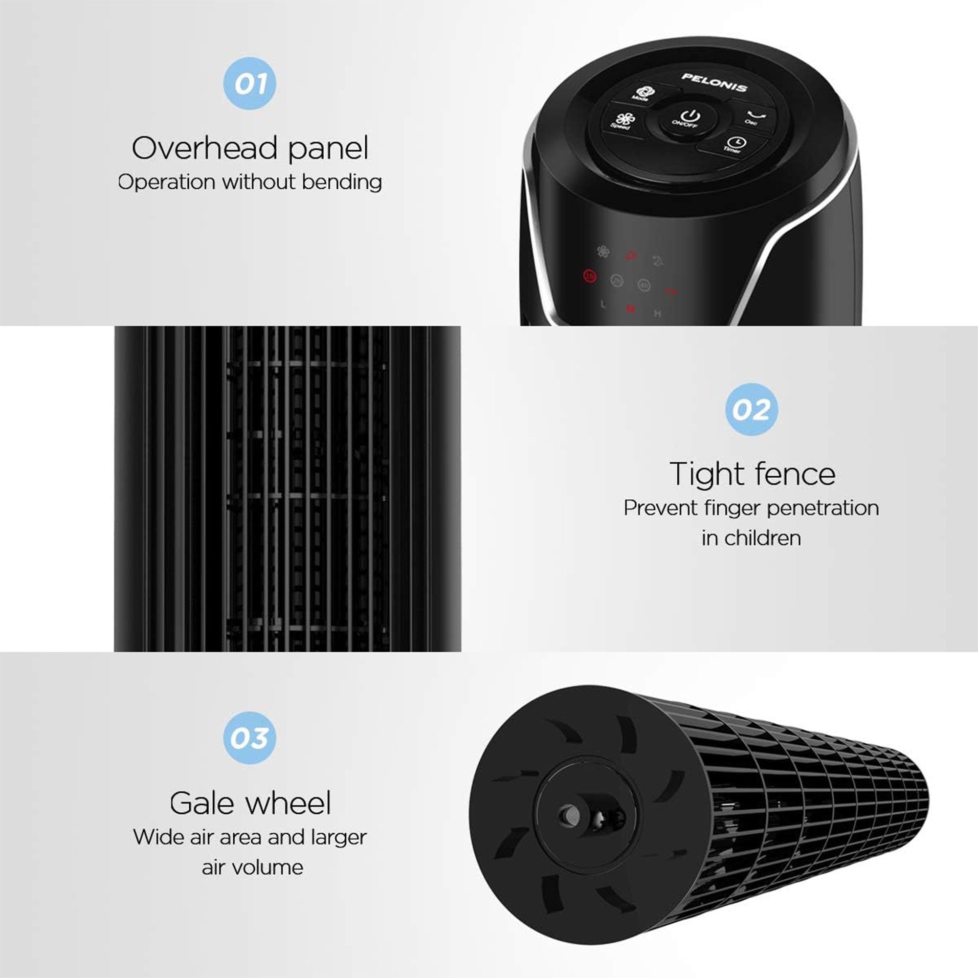Pelonis Quiet Oscillating Modern Tower Fan w/Low Noise Level, Glossy Black(Used) - VMInnovations